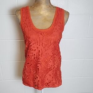 LOFT  Orange Sleeveless Tropical Leaf Lace Tank Top